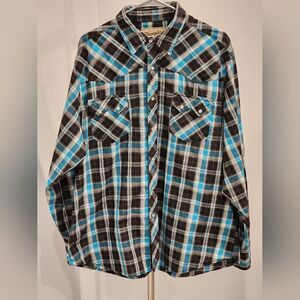 Wrangler Western Pearl Snap Shirt Mens Long Sleeve Blue Black Plaid Retro Vtg